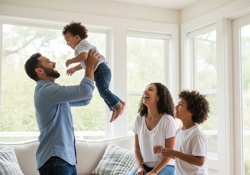 Happy family playing in living room