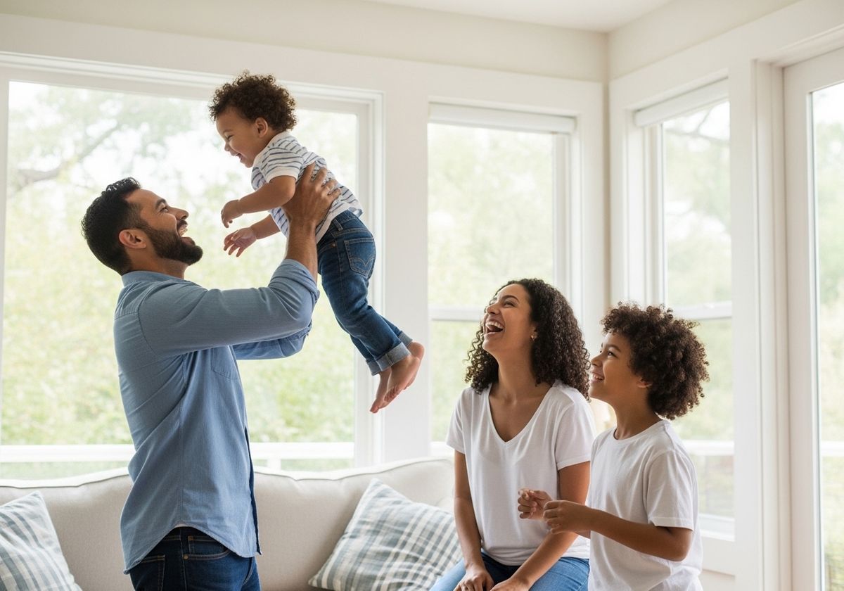 Happy family playing in living room