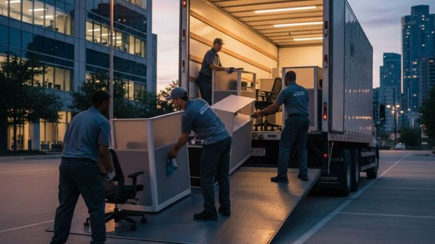 Professional shot of movers carefully loading office furniture into a truck