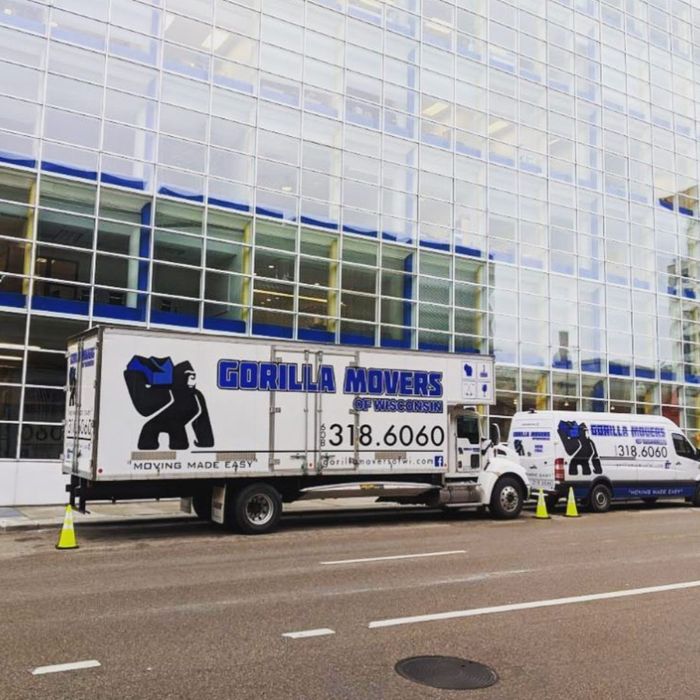 gorilla movers truck outside commercial building