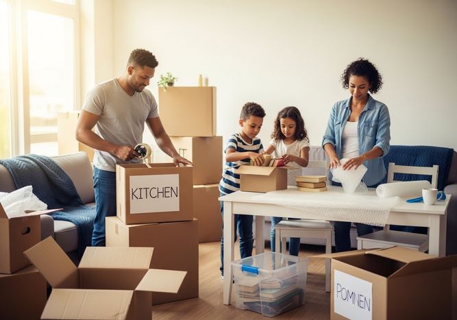 Family Packing Boxes for a Move