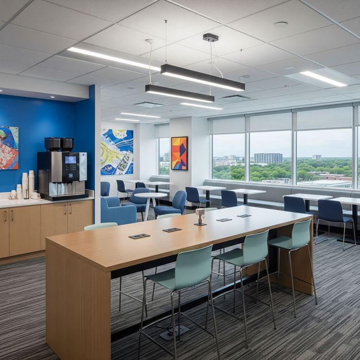 Modern office break room with collaborative space. Modern office break room with collaborative space.