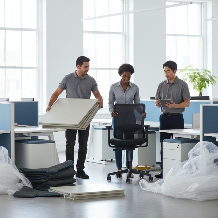 team of movers handling office chairs and cubicle parts
