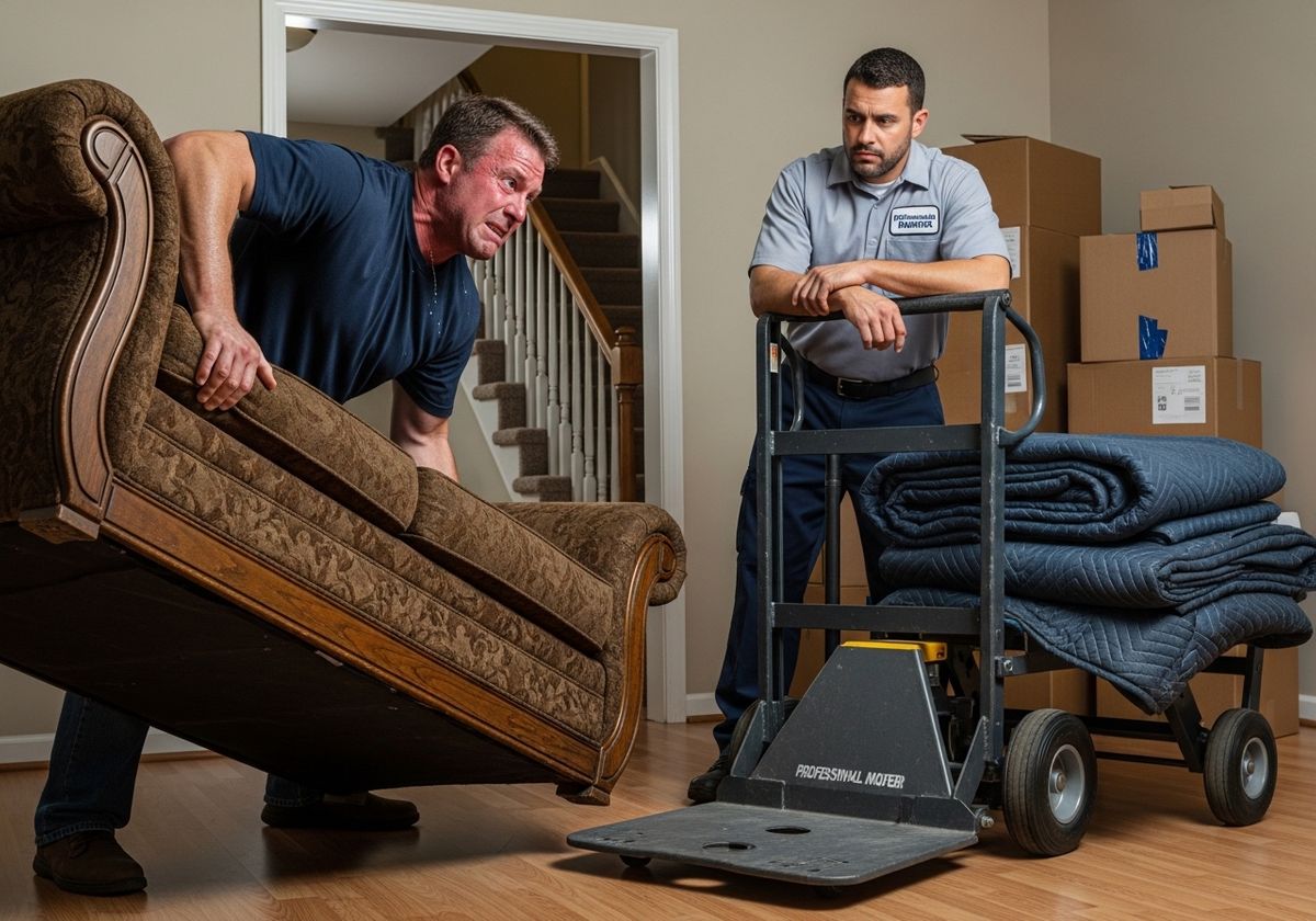 Movers struggling with heavy couch