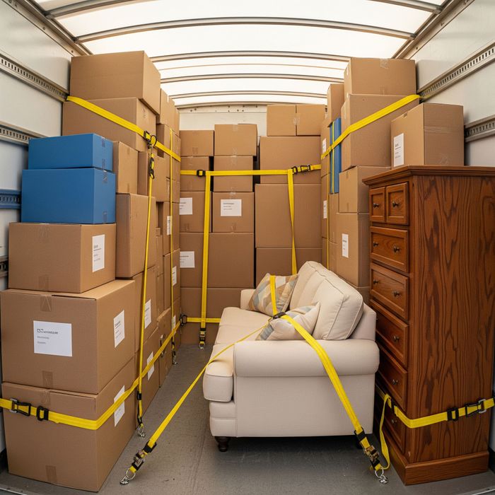 Interior of a moving truck showing securely fastened boxes Interior of a moving truck showing securely fastened boxes