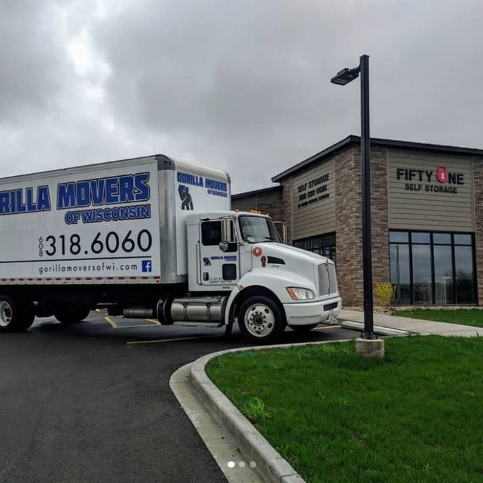 gorilla movers truck outside commercial building