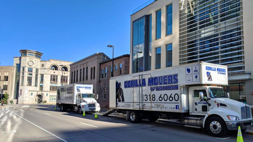Gorilla Movers moving trucks parked on street