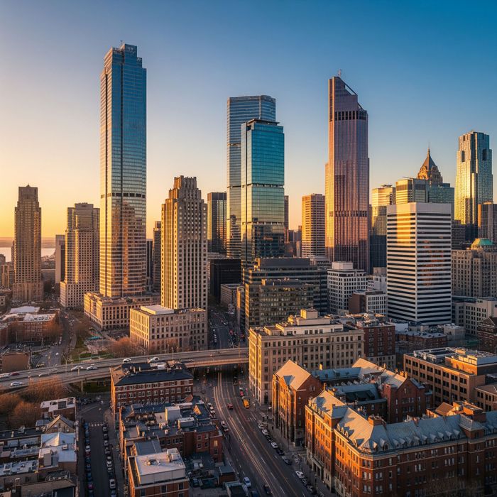City skyline showing various business districts. City skyline showing various business districts.