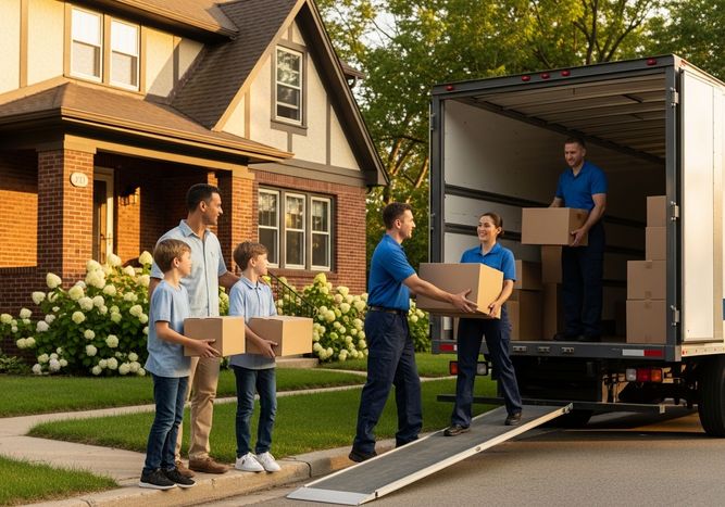 Family Moving into New Home with Moving Services