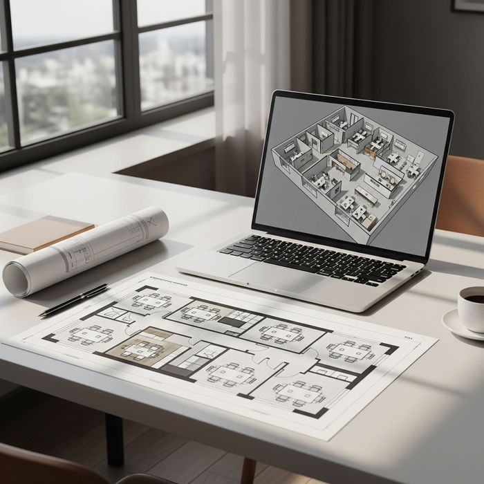 Office layout plan on a desk with a computer. Office layout plan on a desk with a computer.
