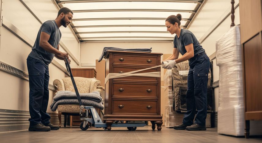 Professional movers securing items inside a moving truck