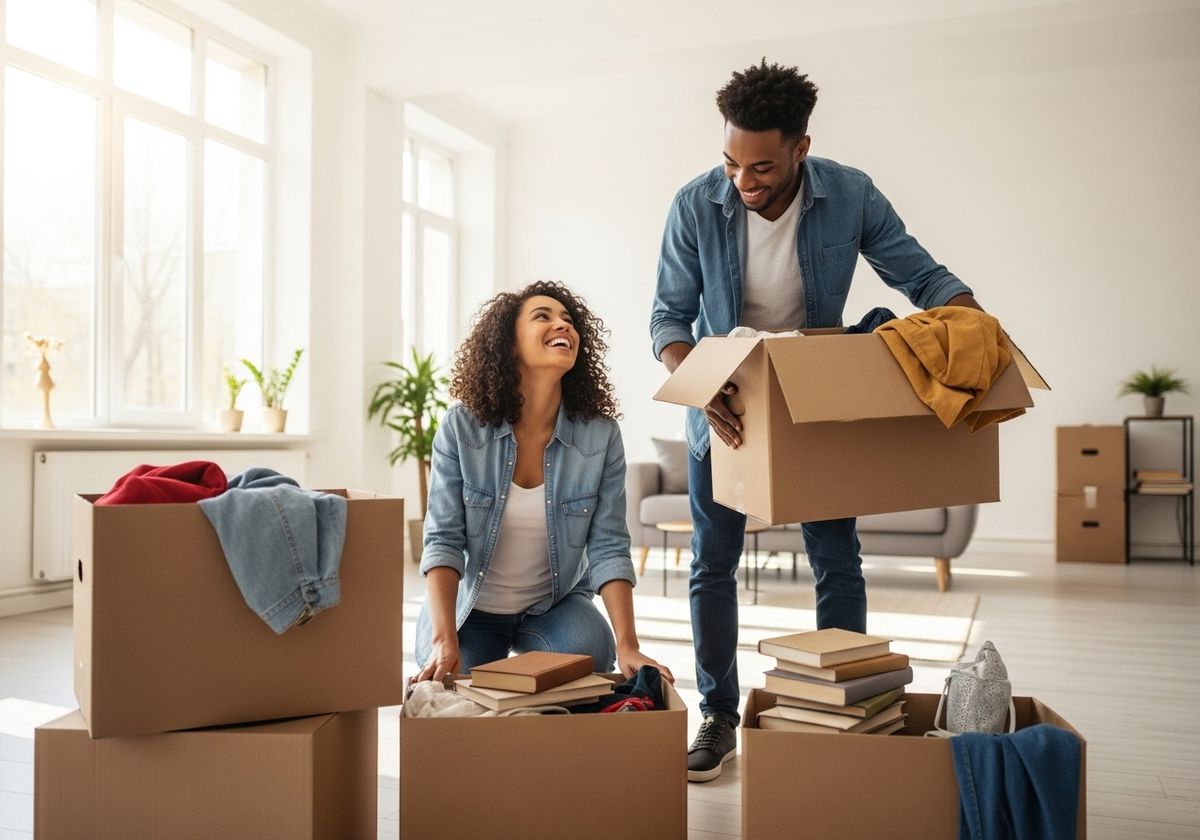 Happy couple moving into new home