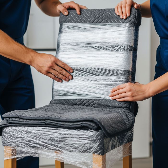 Movers expertly wrapping delicate furniture for protection Movers expertly wrapping delicate furniture for protection