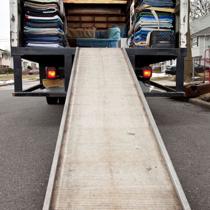 Moving truck with a ramp. 