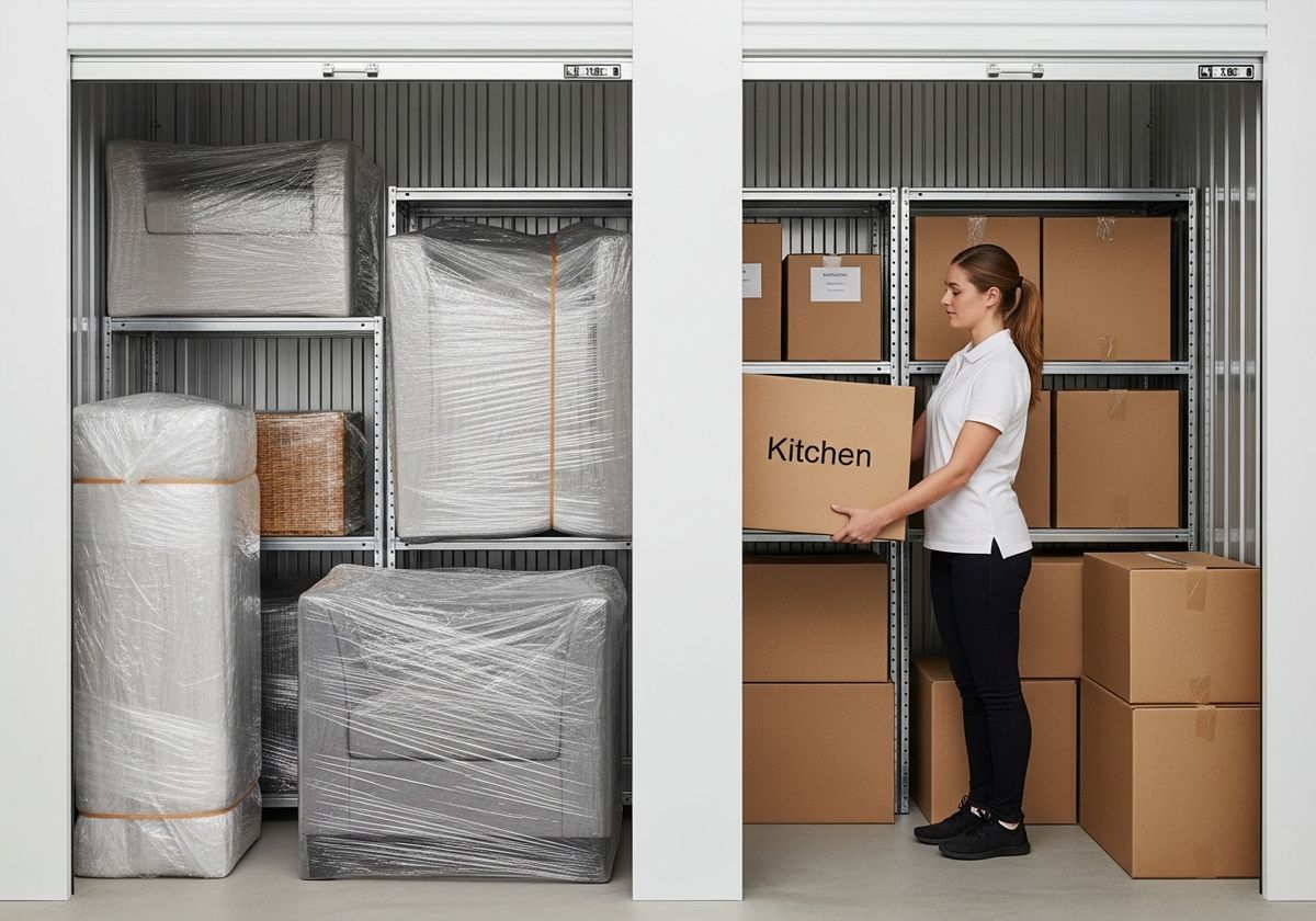Woman placing box in a storage unit
