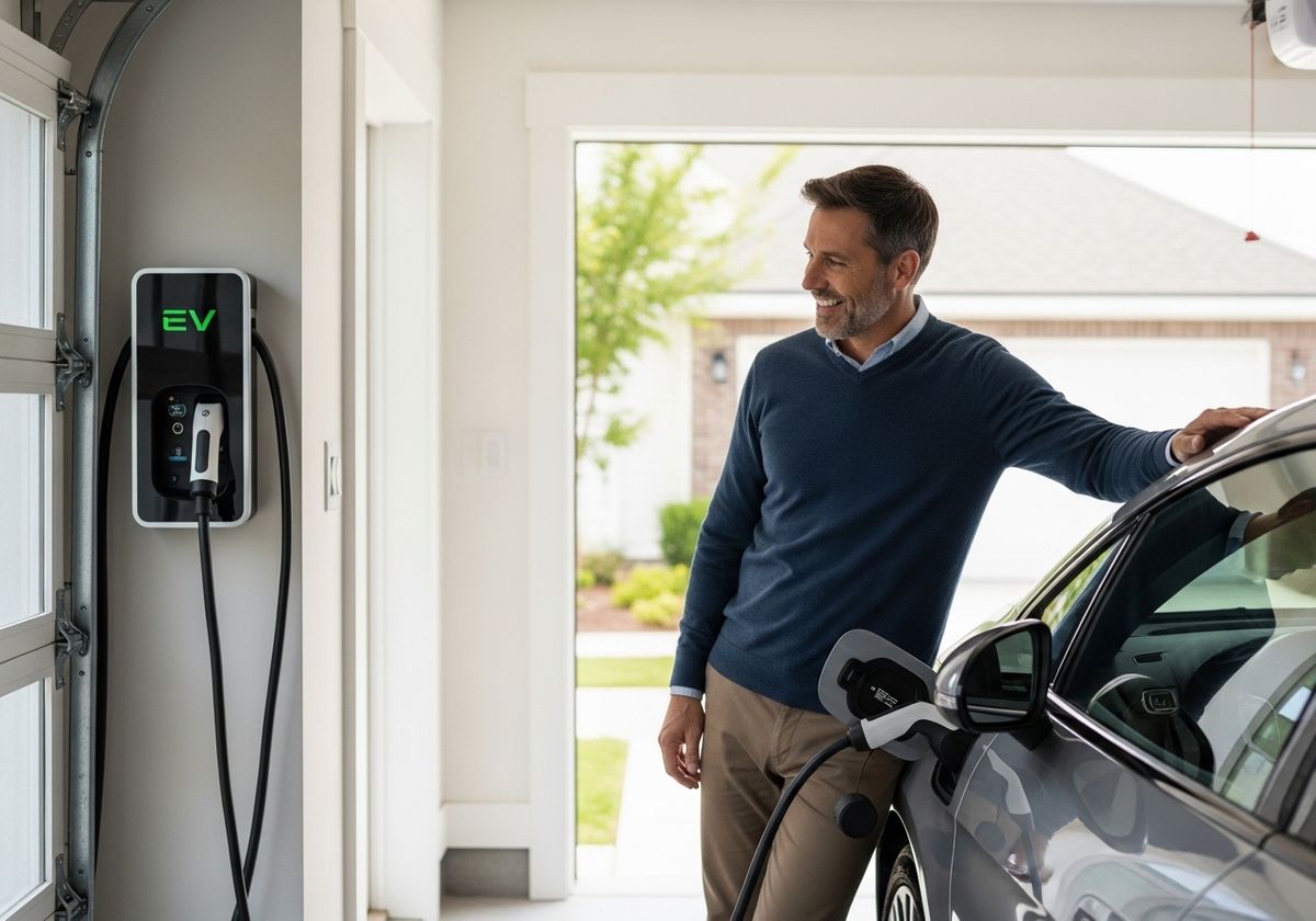 Man charging electric car in garage