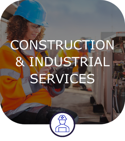 woman servicing industrial electrical system with 'Construction and Industrial Services' text overlay