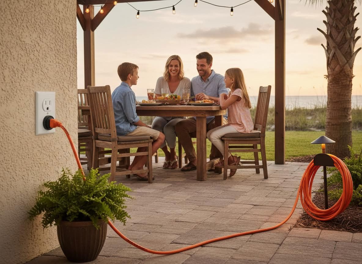 Family enjoying dinner on an outdoor patio at sunset with an extension cord