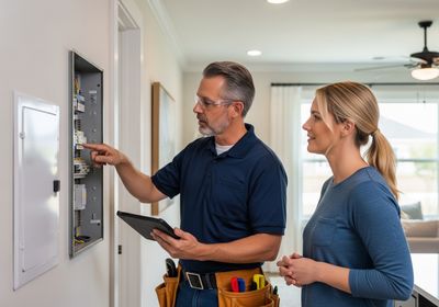 Electrician Inspecting Electrical Panel with Customer