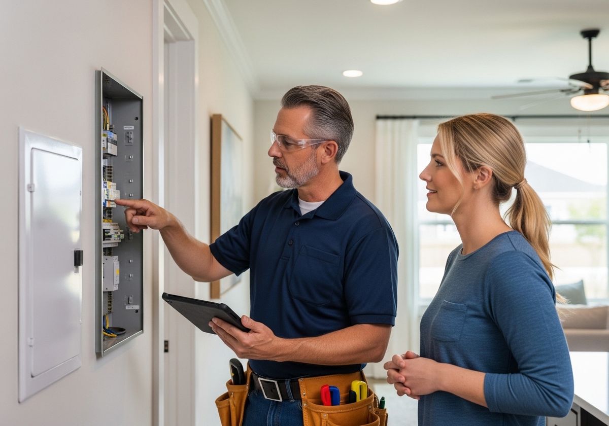 Electrician Inspecting Electrical Panel with Customer