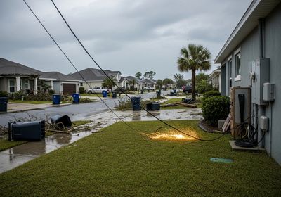 Hurricane damage with downed power lines and sparks