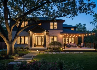 Modern House Exterior with Patio and Landscape Lighting at Night