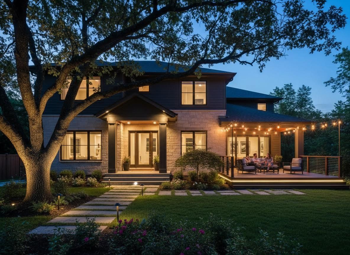 Modern House Exterior with Patio and Landscape Lighting at Night