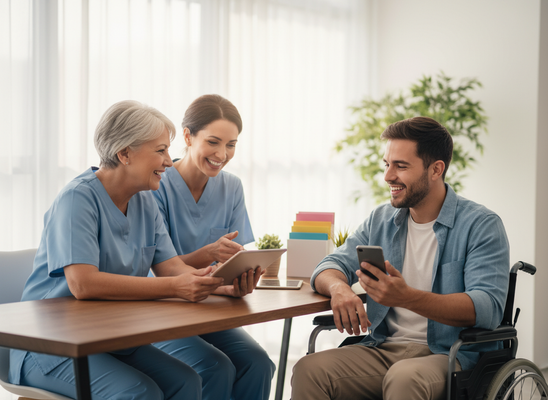 Healthcare professionals and male patient in wheelchair reviewing information