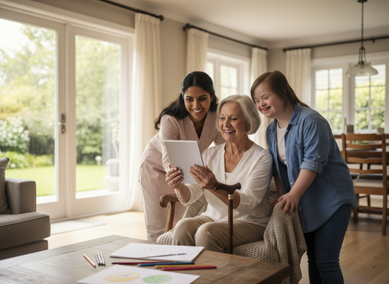 Three diverse women happily viewing a digital tablet together