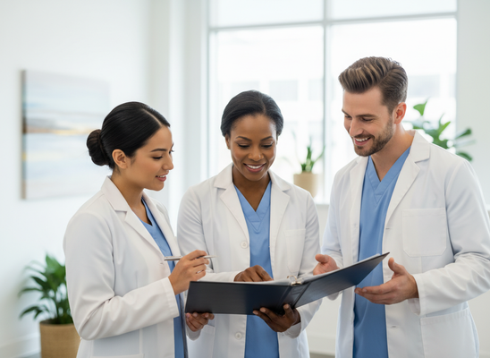 Collaborating Healthcare Professionals Reviewing Documents