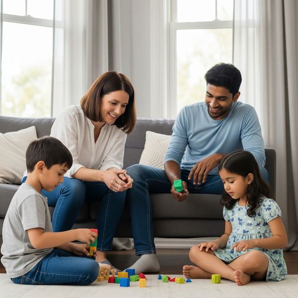 Two parents sit comfortably on couch and play blocks with their kids