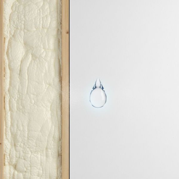 Stylized graphic showing moisture being repelled by insulation, illustrating effective mold and mildew prevention.