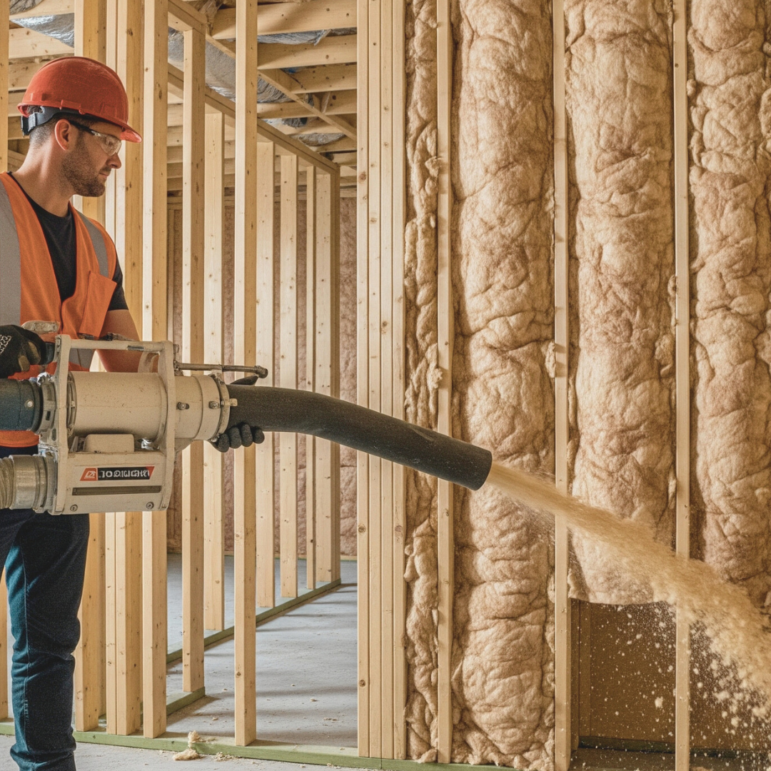Worker spraying cellulose insulation