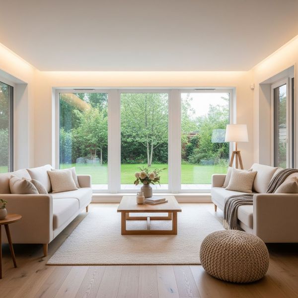 A comfortable modern living room with large windows