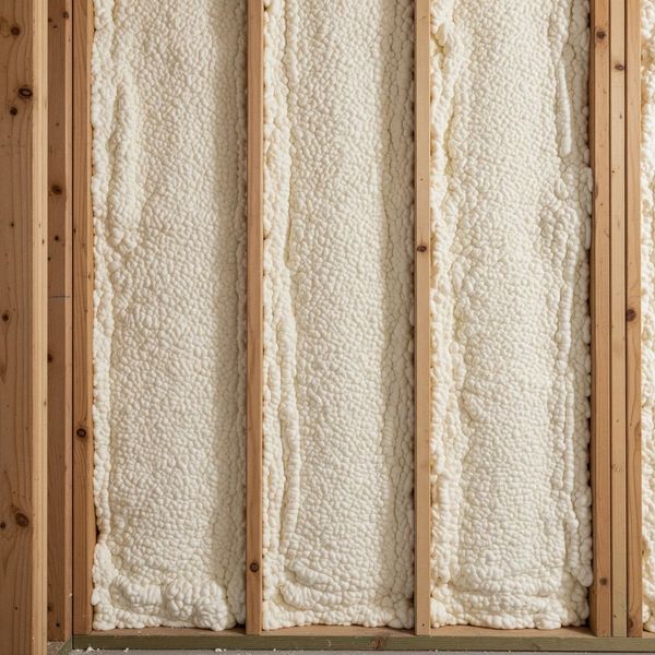Spray foam insulation wedged between boards on a wall