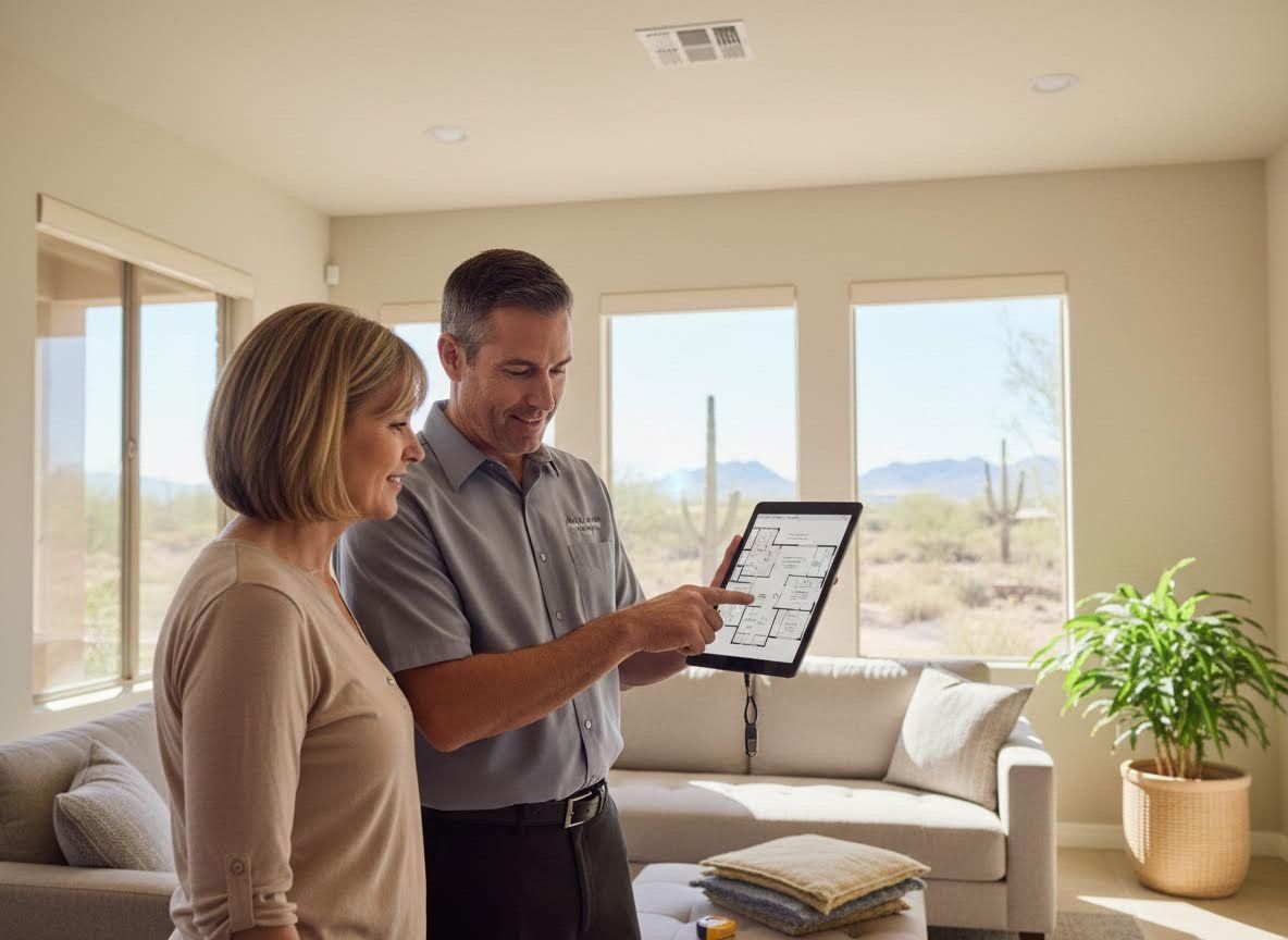Professional showing digital floor plan to client