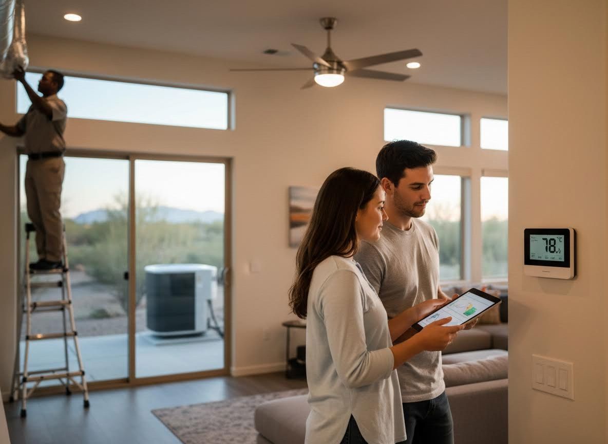 Couple monitoring smart thermostat and HVAC service in modern home