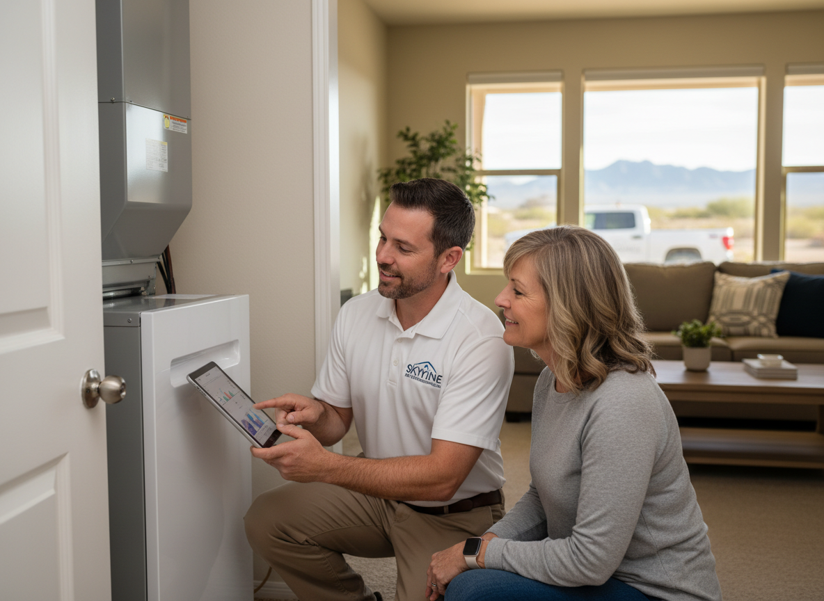 A smiling HVAC technician explains system performance data to a female homeowner on a tablet next to an indoor HVAC unit. HVAC technician showing performance data on tablet to a female homeowner