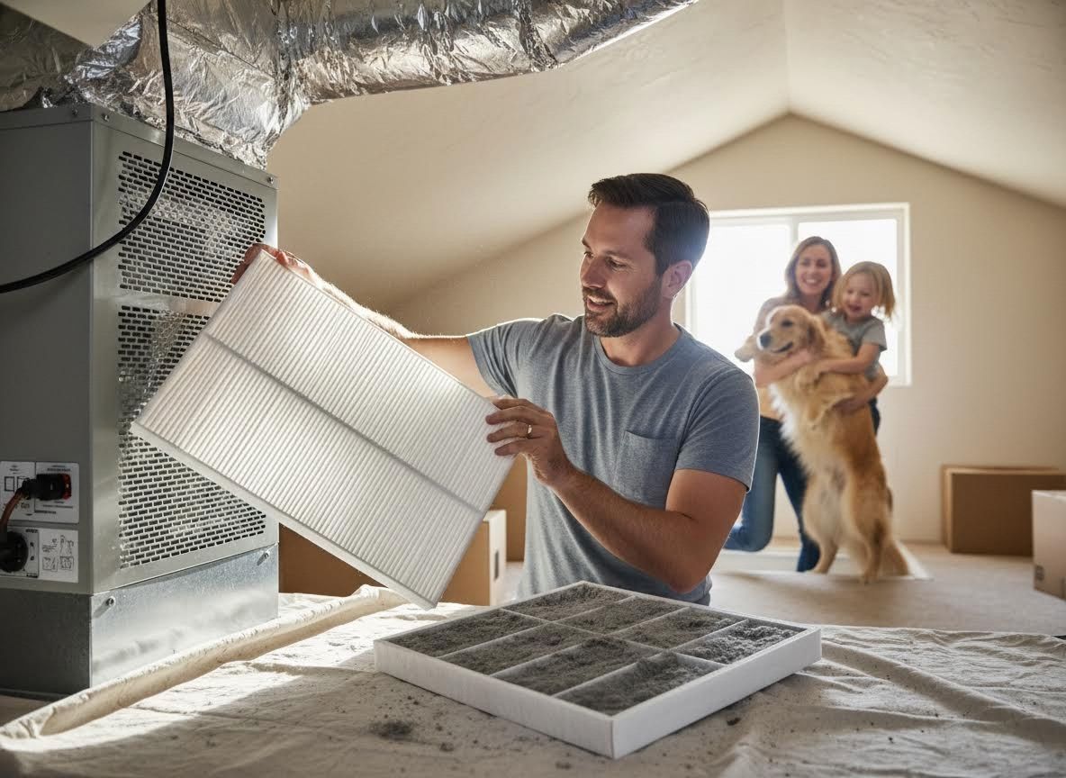 Man changing HVAC air filter while family watches