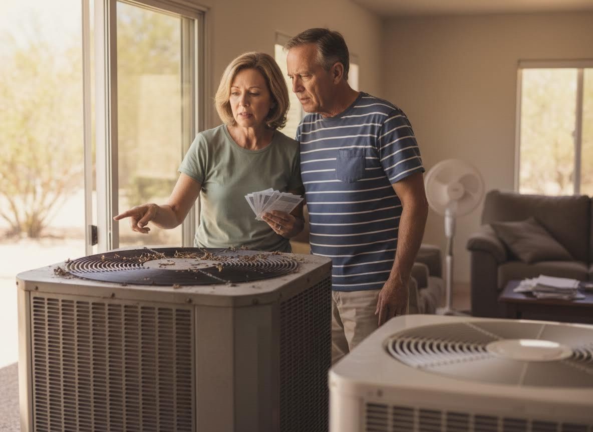 Concerned Couple Inspecting Dirty Outdoor AC Unit