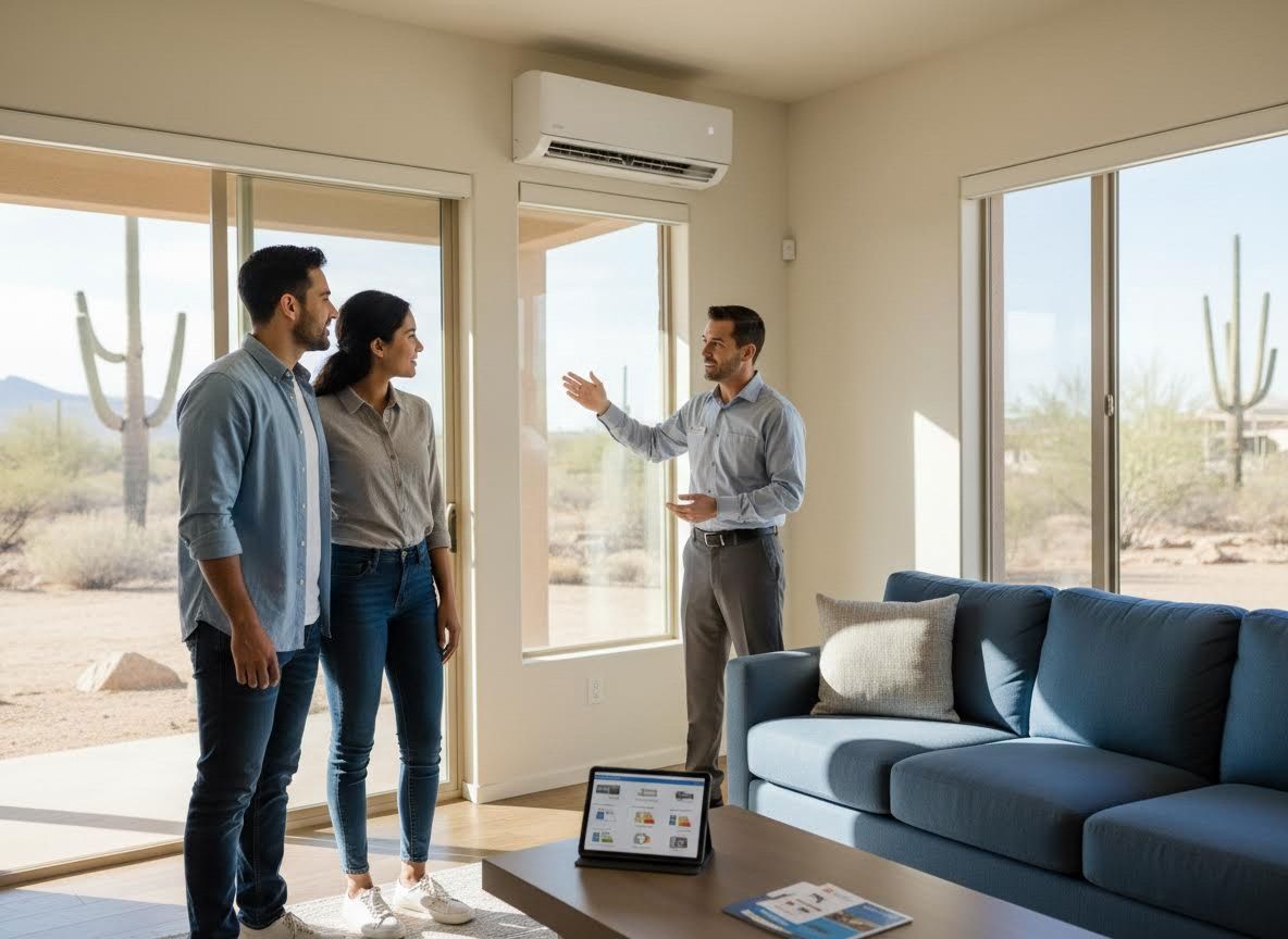 HVAC professional explaining an air conditioner to a couple in their home