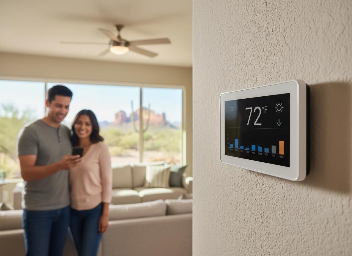 Couple controlling smart thermostat in modern home