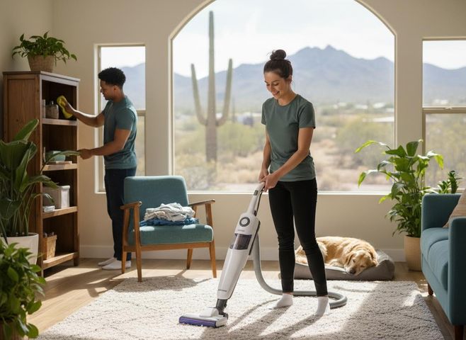 A man dusts a wooden bookshelf and a woman vacuums a rug in a sunny living room. A sleeping golden retriever is nearby. Couple cleaning a bright living room with desert views