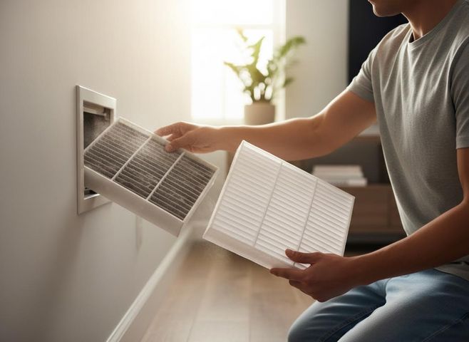 A person removes a very dirty, dusty air filter from a wall vent while holding a clean, white replacement filter. Replacing a dirty air filter