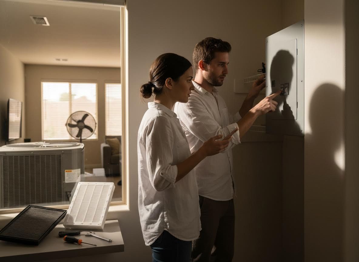 Couple checking home energy and HVAC systems