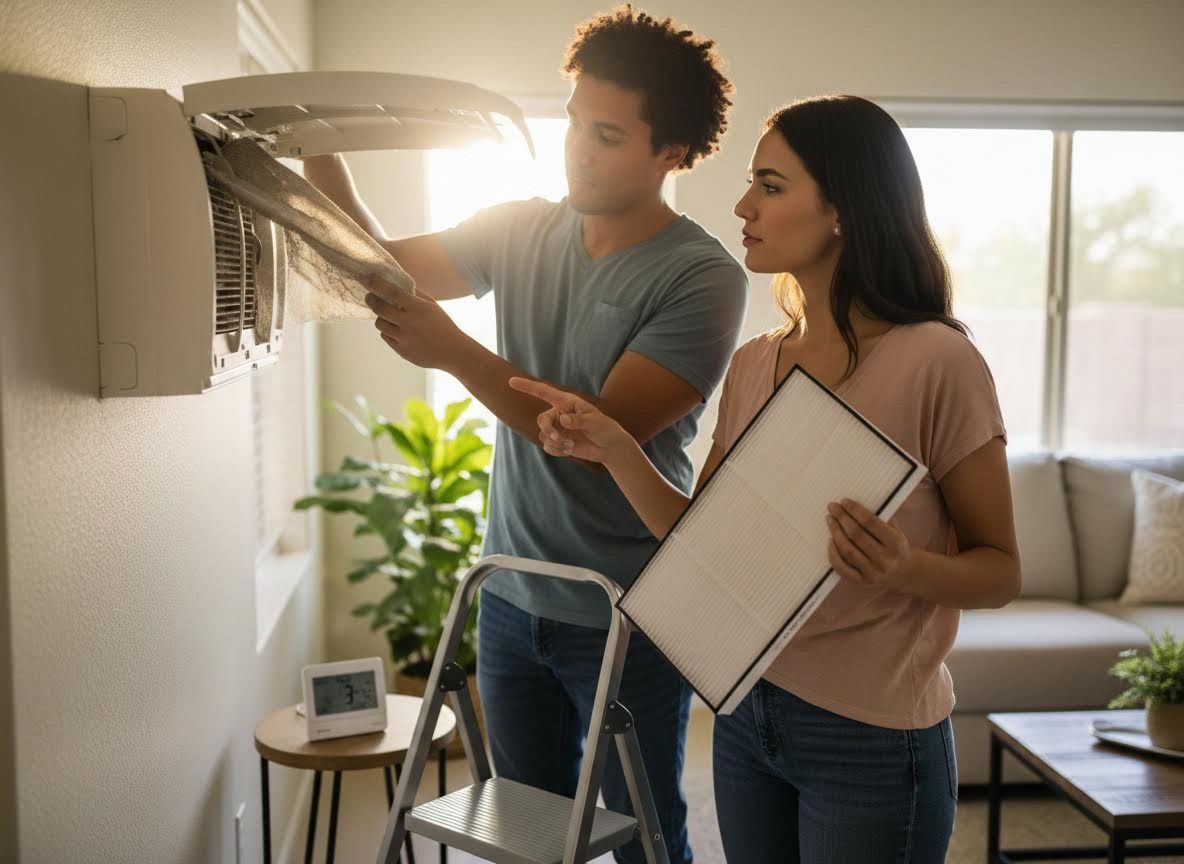 Couple Replacing Air Conditioner Filter
