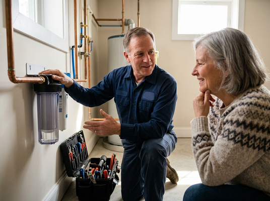 Plumber Explaining Water Filter to Smiling Customer