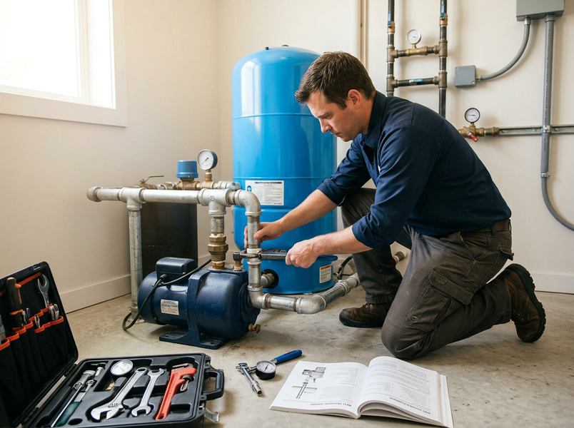 A man kneels, using a wrench to work on a blue water pump and pressure tank setup in a utility room, with an open toolbox and manual. Plumber repairing a home water pump and pressure tank