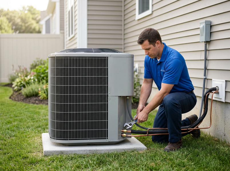 A male technician in a blue polo shirt kneels in a residential backyard, using a wrench to service the copper pipes of a large grey outdoor air conditioning unit next to a house. HVAC Technician Servicing Outdoor AC Unit