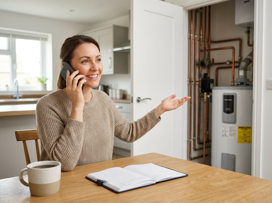 Woman on phone discussing water heater